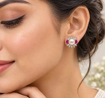 Certified natural freshwater pearls jewellery pearl stud earrings with ruby marquise and baguette crystals 1