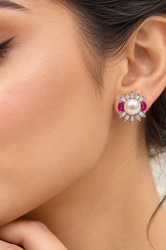 Certified natural freshwater pearls jewellery pearl stud earrings with ruby marquise and baguette crystals