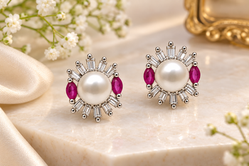 Certified natural freshwater pearls jewellery pearl stud earrings with ruby marquise and baguette crystals 2