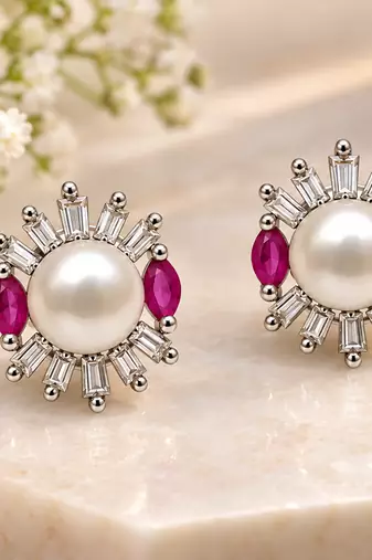 Certified natural freshwater pearls jewellery pearl stud earrings with ruby marquise and baguette crystals