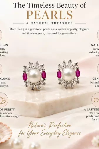 Certified natural freshwater pearls jewellery pearl stud earrings with ruby marquise and baguette crystals