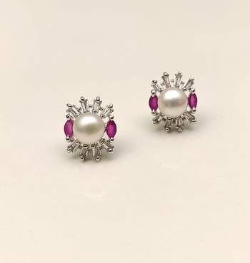 Certified natural freshwater pearls jewellery pearl stud earrings with ruby marquise and baguette crystals 4