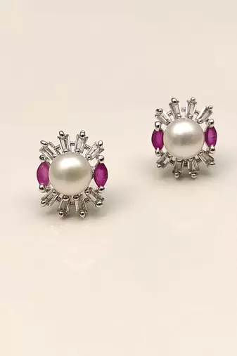 Certified natural freshwater pearls jewellery pearl stud earrings with ruby marquise and baguette crystals