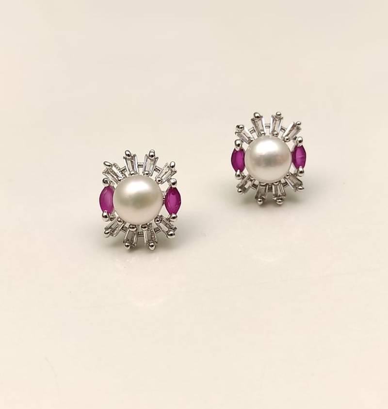 Certified natural freshwater pearls jewellery pearl stud earrings with ruby marquise and baguette crystals