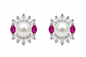 Certified natural freshwater pearls jewellery pearl stud earrings with ruby marquise and baguette crystals 5