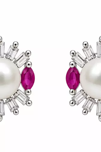 Certified natural freshwater pearls jewellery pearl stud earrings with ruby marquise and baguette crystals