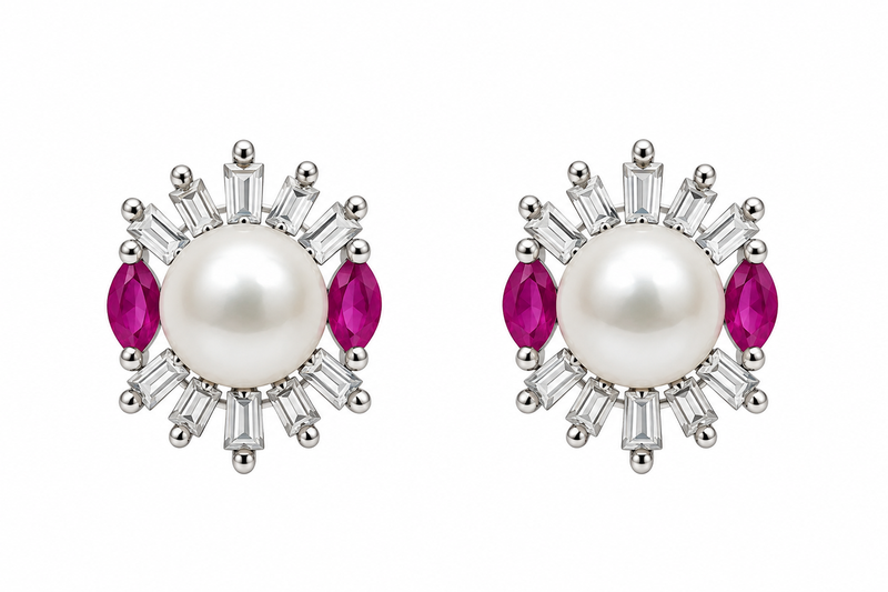 Certified natural freshwater pearls jewellery pearl stud earrings with ruby marquise and baguette crystals