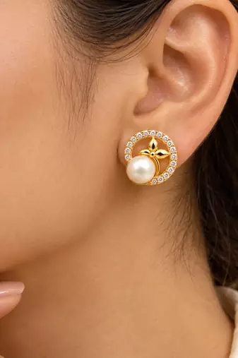 Certified natural freshwater pearls jewellery pearl & cz stud earrings, gold-toned floral circle design