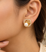Certified natural freshwater pearls jewellery pearl & cz stud earrings, gold-toned floral circle design