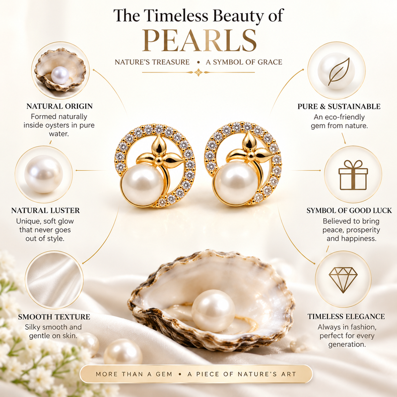 Certified natural freshwater pearls jewellery pearl & cz stud earrings, gold-toned floral circle design