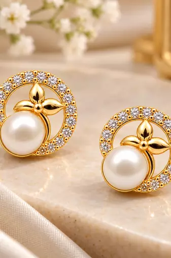 Certified natural freshwater pearls jewellery pearl & cz stud earrings, gold-toned floral circle design