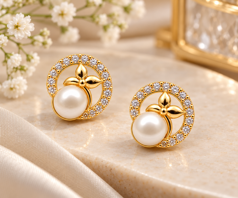 Certified natural freshwater pearls jewellery pearl & cz stud earrings, gold-toned floral circle design