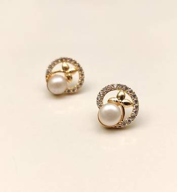 Certified natural freshwater pearls jewellery pearl & cz stud earrings, gold-toned floral circle design 4