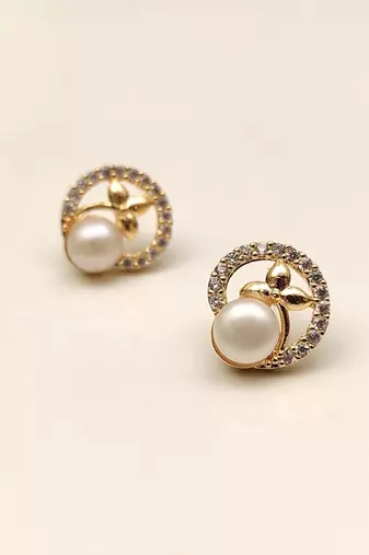Certified natural freshwater pearls jewellery pearl & cz stud earrings, gold-toned floral circle design