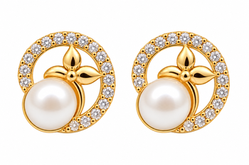 Certified natural freshwater pearls jewellery pearl & cz stud earrings, gold-toned floral circle design 5