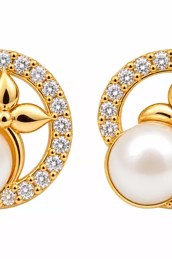 Certified natural freshwater pearls jewellery pearl & cz stud earrings, gold-toned floral circle design