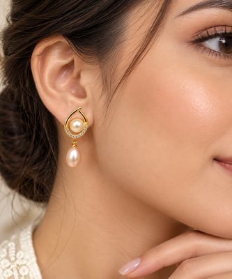 Certified natural freshwater pearls jewellery freshwater pearl drop earrings with cz, gold-toned 1