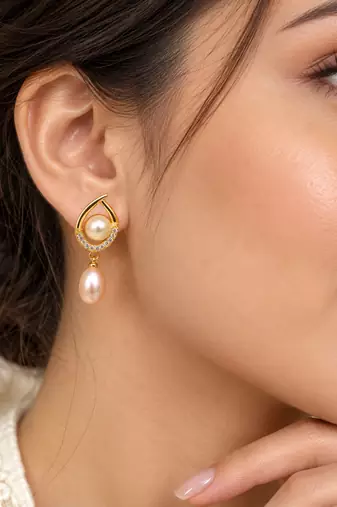 Certified natural freshwater pearls jewellery freshwater pearl drop earrings with cz, gold-toned