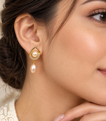 Certified natural freshwater pearls jewellery freshwater pearl drop earrings with cz, gold-toned
