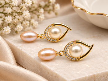 Certified natural freshwater pearls jewellery freshwater pearl drop earrings with cz, gold-toned 3