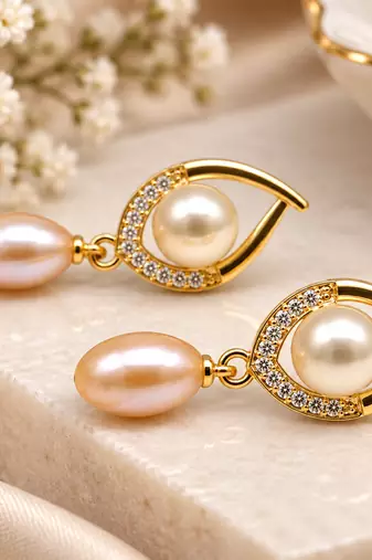 Certified natural freshwater pearls jewellery freshwater pearl drop earrings with cz, gold-toned