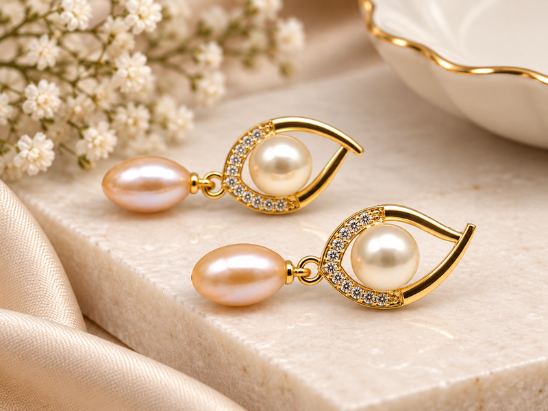 Certified natural freshwater pearls jewellery freshwater pearl drop earrings with cz, gold-toned