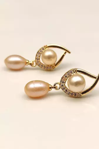 Certified natural freshwater pearls jewellery freshwater pearl drop earrings with cz, gold-toned