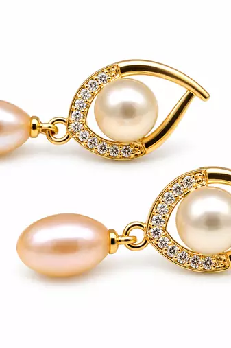 Certified natural freshwater pearls jewellery freshwater pearl drop earrings with cz, gold-toned