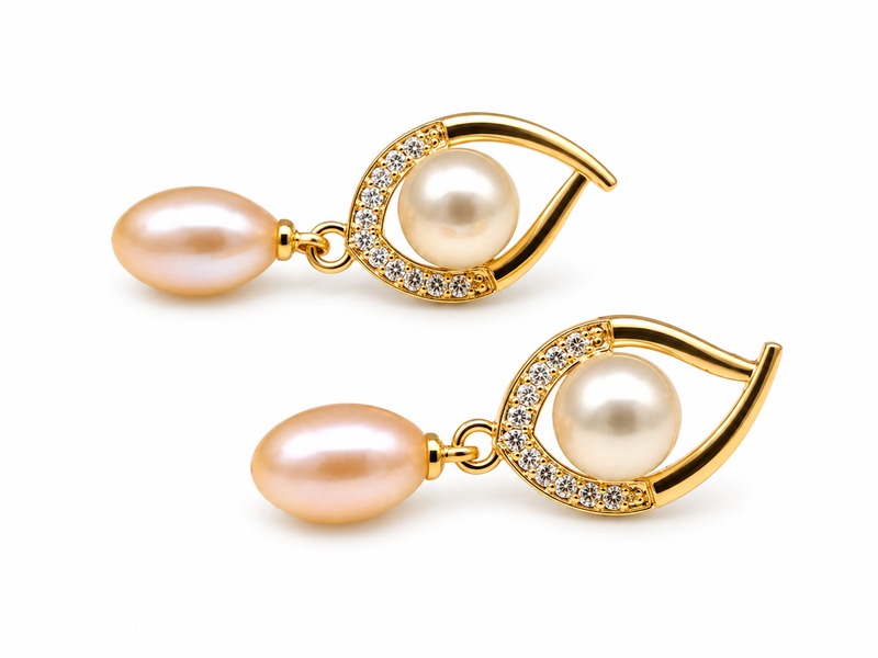 Certified natural freshwater pearls jewellery freshwater pearl drop earrings with cz, gold-toned