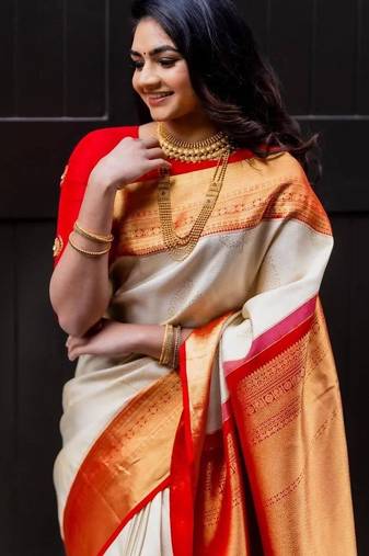 White red silk blend jacuard work festival saree with unstitched blouse piece