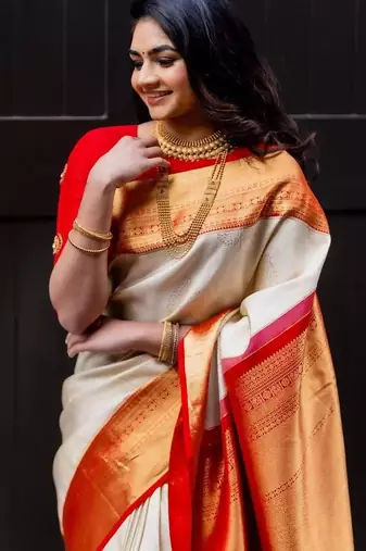 White red silk blend jacuard work festival saree with unstitched blouse piece