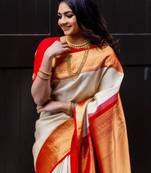 White red silk blend jacuard work festival saree with unstitched blouse piece