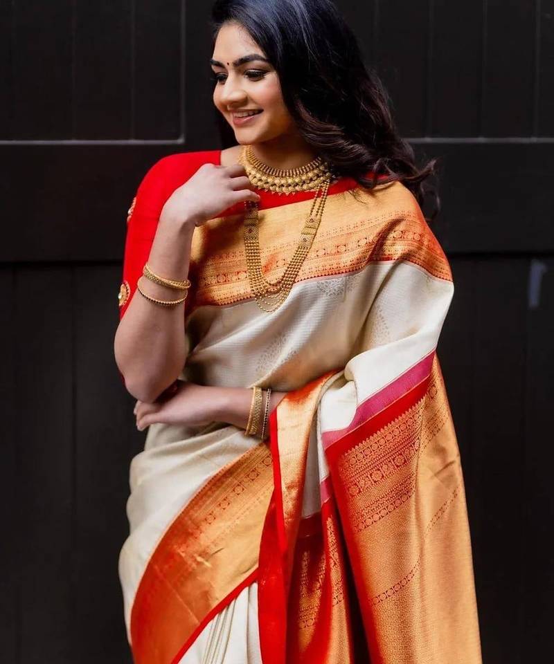 White red silk blend jacuard work festival saree with unstitched blouse piece