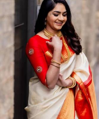 White red silk blend jacuard work festival saree with unstitched blouse piece 2