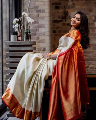 White red silk blend jacuard work festival saree with unstitched blouse piece 3