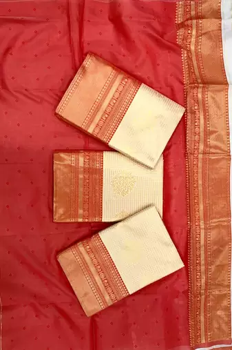 White red silk blend jacuard work festival saree with unstitched blouse piece