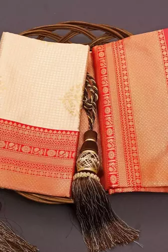 White red silk blend jacuard work festival saree with unstitched blouse piece