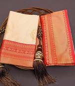 White red silk blend jacuard work festival saree with unstitched blouse piece