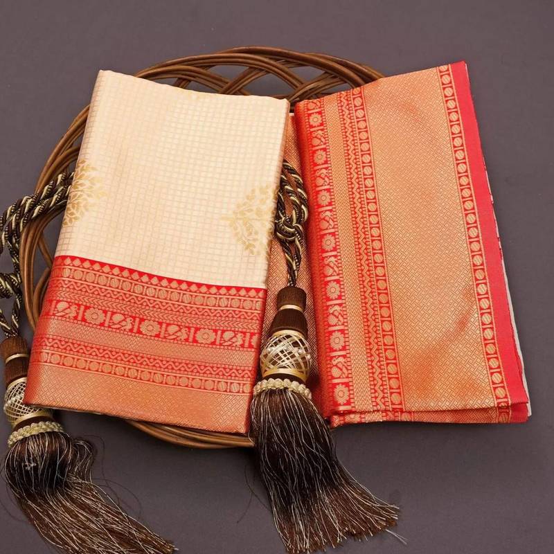 White red silk blend jacuard work festival saree with unstitched blouse piece