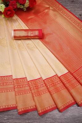 White red silk blend jacuard work festival saree with unstitched blouse piece 3
