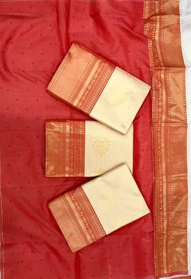 White red silk blend jacuard work festival saree with unstitched blouse piece 4