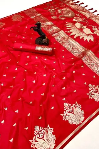 Red silk blend jacuard work festival saree with unstitched blouse piece