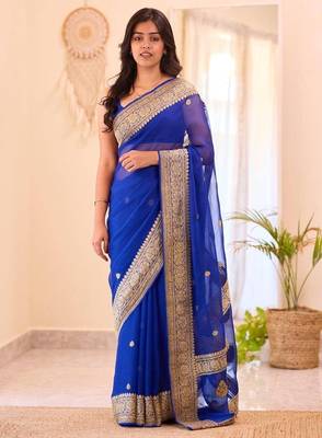 Blue silk blend jacuard work festival saree with unstitched blouse piece 1