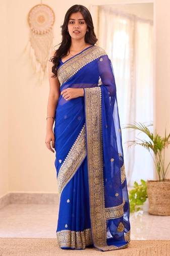 Blue silk blend jacuard work festival saree with unstitched blouse piece
