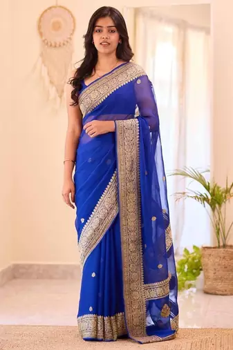 Blue silk blend jacuard work festival saree with unstitched blouse piece