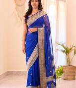 Blue silk blend jacuard work festival saree with unstitched blouse piece