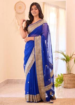 Blue silk blend jacuard work festival saree with unstitched blouse piece 2