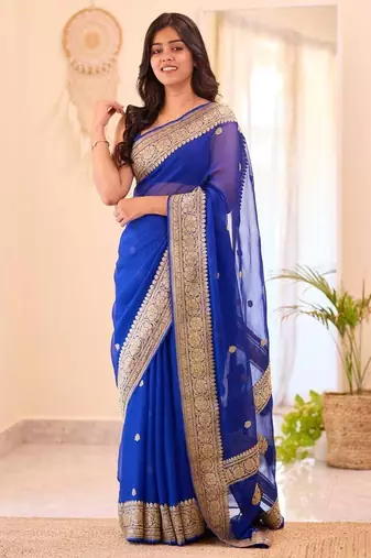 Blue silk blend jacuard work festival saree with unstitched blouse piece