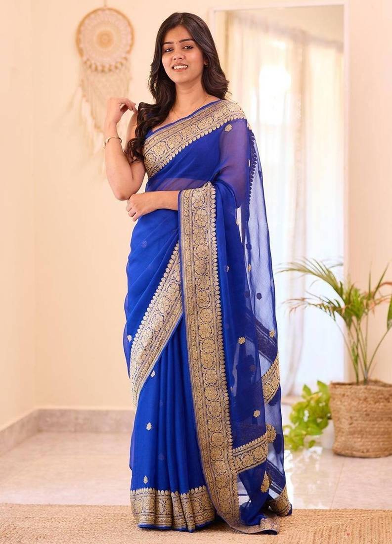 Blue silk blend jacuard work festival saree with unstitched blouse piece