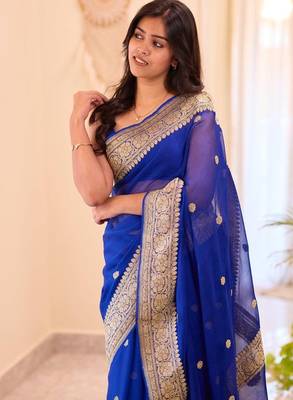 Blue silk blend jacuard work festival saree with unstitched blouse piece 3